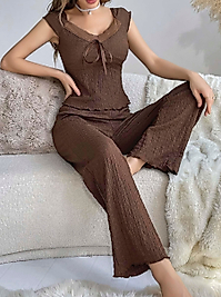 Kadın Kahverengi Kurdela Detaylı Yumuşak Pamuklu Uzun Pijama Takımı 5135