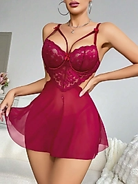 Kadın Kırmızı Fantezi Gecelik Tül Göğüs Dantel Dekolteli Fiyok detaylı 2162