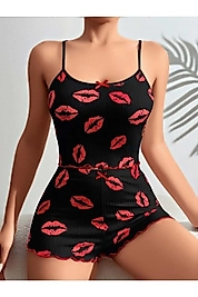 Kadın Siyah Dudak Desenli Şortlu Pijama Takımı 5057