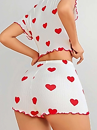 Kadın Beyaz kırmızı kalp Desenli şortlu Gecelik Takım 5023