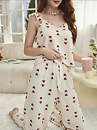 Kadın Ekru Kırmızı Kalp Desenli Yumuşak Pamuklu Uzun Pijama Takımı 5136