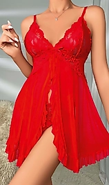 Kadın Transparan Dantel Detaylı Şık Kırmızı Fantezi Gecelik 2099