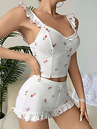 Kadın Gül ve Kiraz Desenli Şortlu Gecelik Takım 5112