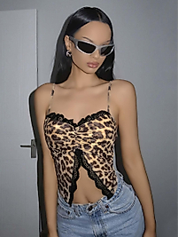 Kadın Leopar Desenli Crop Önden Dantel detaylı 5095