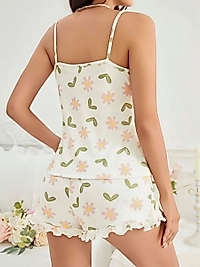 Kadın Ekru Çiçek Baskılı Şortlu Gecelik Pijama Takımı 5047