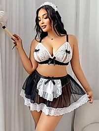 Kadın Büyük Beden Seksi Hizmetçi Kostüm Fantezi Transparan Tül Fantezi Erotik 8006