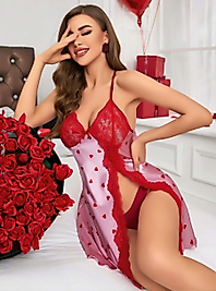 Kadın Kırmızı kalp Desenli saten Gecelik 2220