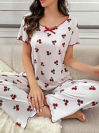 Kadın Beyaz Kiraz Desenli Kısa Kollu Yumuşak Pijama Takımı 5128