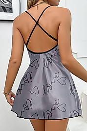 Love Baskılı Gri Saten Gecelik