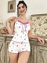 Kadın Ayıcık ve Çiçek Desenli Şortlu Gecelik Takım 5113