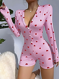 Kadın Pembe Kalp Desenli Pijama Tulumu 5121