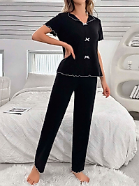 Kadın Siyah Fiyonk Detaylı Yumuşak Pamuklu Uzun Pijama Takımı 5130