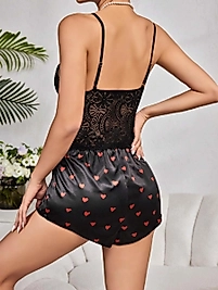 Kadın Siyah Kırmızı Kalp Desenli Saten Şort Pijama Takımı 2232