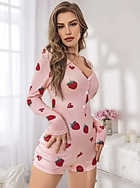 Kadın Pembe Çilek Desenli Pijama Tulumu 5125
