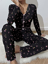 Kadın Çiçek ve Fiyonk Desenli Yumuşak Pamuklu Uzun Pijama Takımı 5134