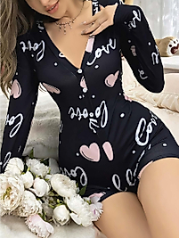 Kadın Siyah Kalp Desenli Love Yazılı Pijama Tulumu 5124