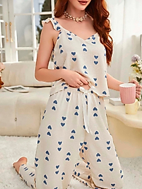 Kadın Ekru Mavi Kalp Desenli Yumuşak Pamuklu Uzun Pijama Takımı 5137