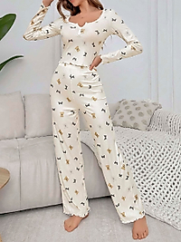 Kadın Ekru Ayıcık ve Fiyonk Desenli Yumuşak Pamuklu Uzun Pijama Takımı 5129