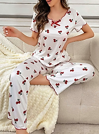 Kadın Beyaz Kiraz Desenli Kısa Kollu Yumuşak Pijama Takımı 5128